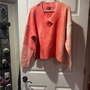POL Women's V-Neck Sweater - Coral and Pink
